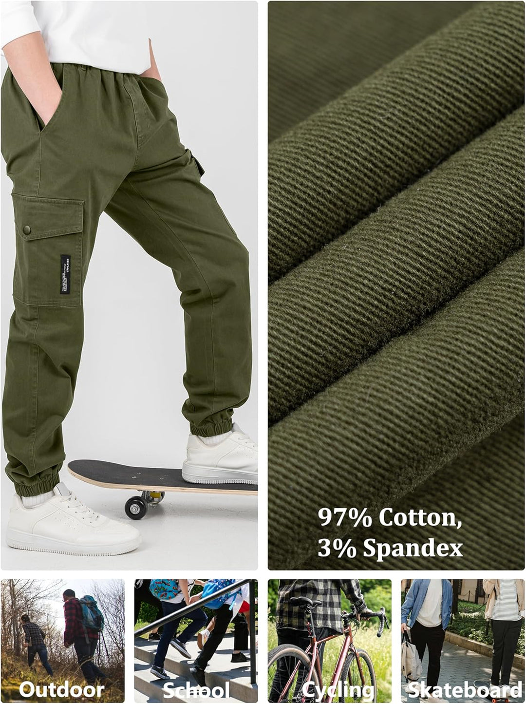 CAMLAKEE Kinder Jungen Cargohose Jogger Hose mit elastischem Bund 128-134 Armee Grün, 128-134 Armee
