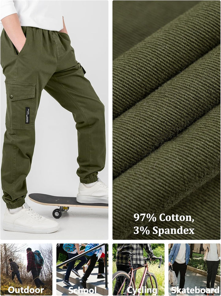 CAMLAKEE Kinder Jungen Cargohose Jogger Hose mit elastischem Bund 128-134 Armee Grün, 128-134 Armee