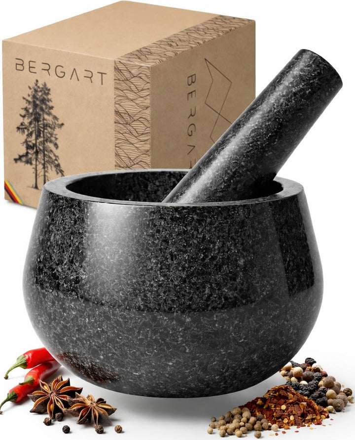 BERGART Mörser mit Stössel – Edler Mörser aus hochwertigem Granit mit extra langem Stössel und stabi