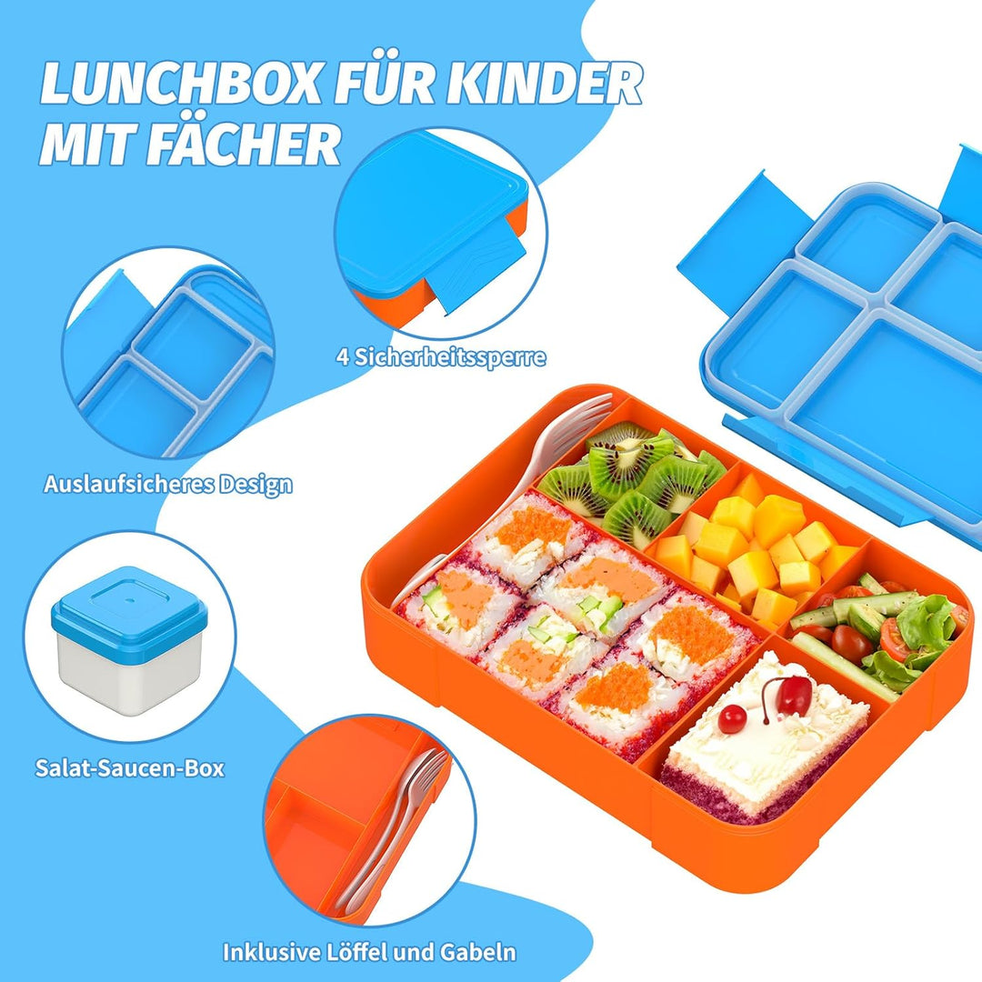 Brotdose Kinder mit Fächern 1330 ml Bento Box mit 6 Fächern Besteckset - Auslaufsichere Lunchbox für