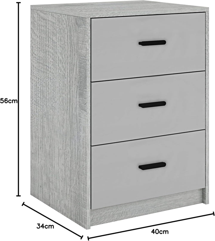 URBNLIVING Nachttisch aus Holz mit 3 Schubladen, Aschgrau und Eichenkarkasse + graue Schubladen