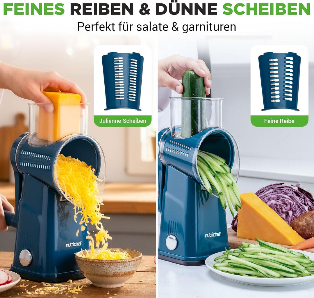 NutriChef Trommelreibe - mit Kurbel - Käsereibe inkl. 5 Trommelblättern - Ideal für Käse Gurken Karo