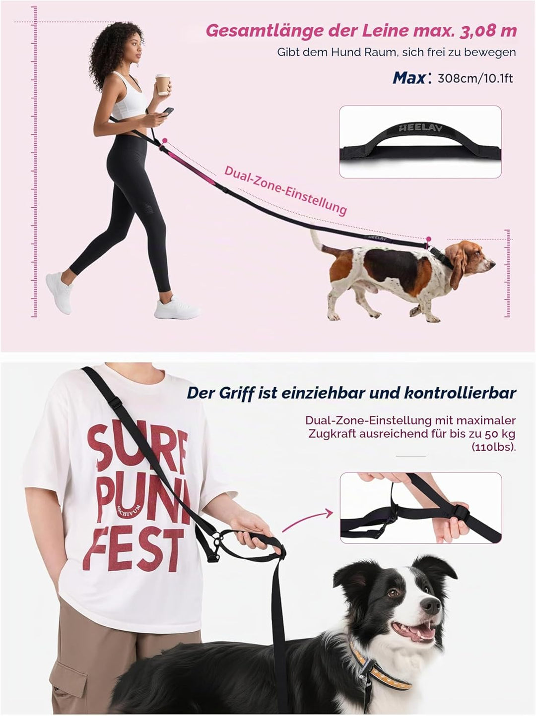 Freihändige Hundeleine für alle Körpergrössen – 2,0–3,9 m, mit doppelt verstellbarem Schnallenversch