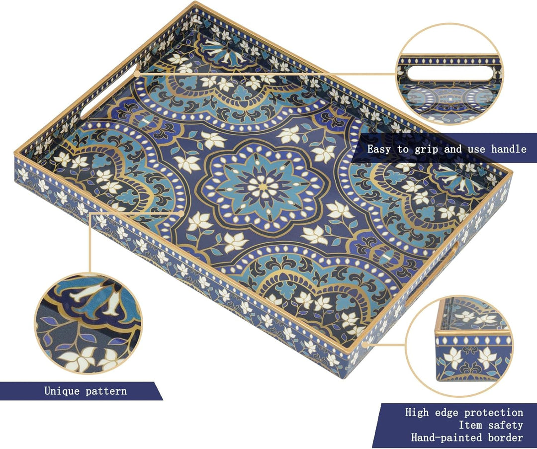 Serviertablett, Tablett mit Griff Boho Deko Rechteckig Kaffeetablett, Bruchsicher Gross Tablett für