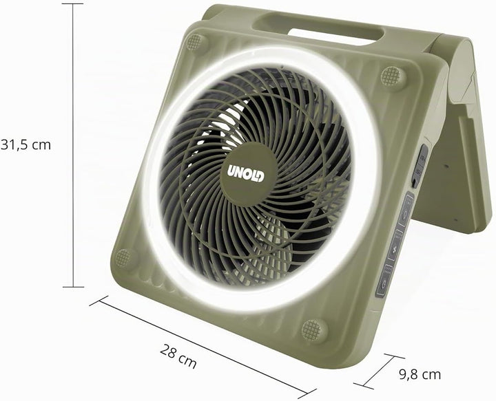 Unold Solar-Campingventilator 86516 – 5 Stufen, 5.000 mAh Powerbank &amp; LED-Licht, Akkubetrieb bis 24h