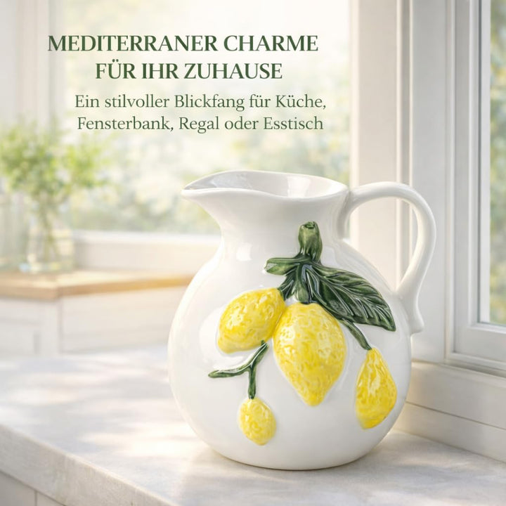 Formano Deko Krug Porzellan Zitronen Deko-Vase aus weiss glasiertem Porzellan mit handbemaltem Zitro