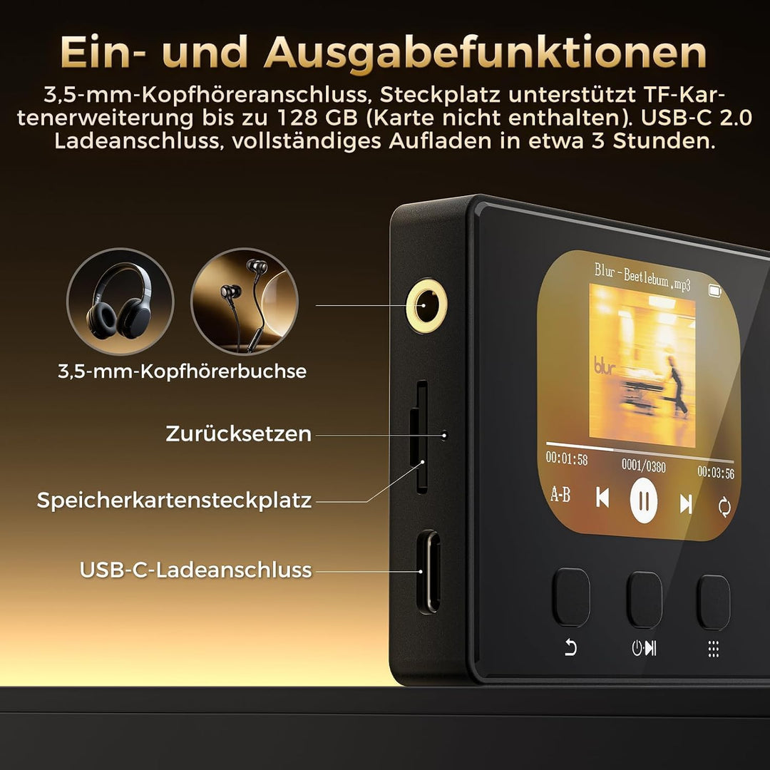 MP3 Player mit Bluetooth 5.3, Diofox HiFi Sound MP3 Player mit Lautsprecher, 32GB Storage, 6 Musikst
