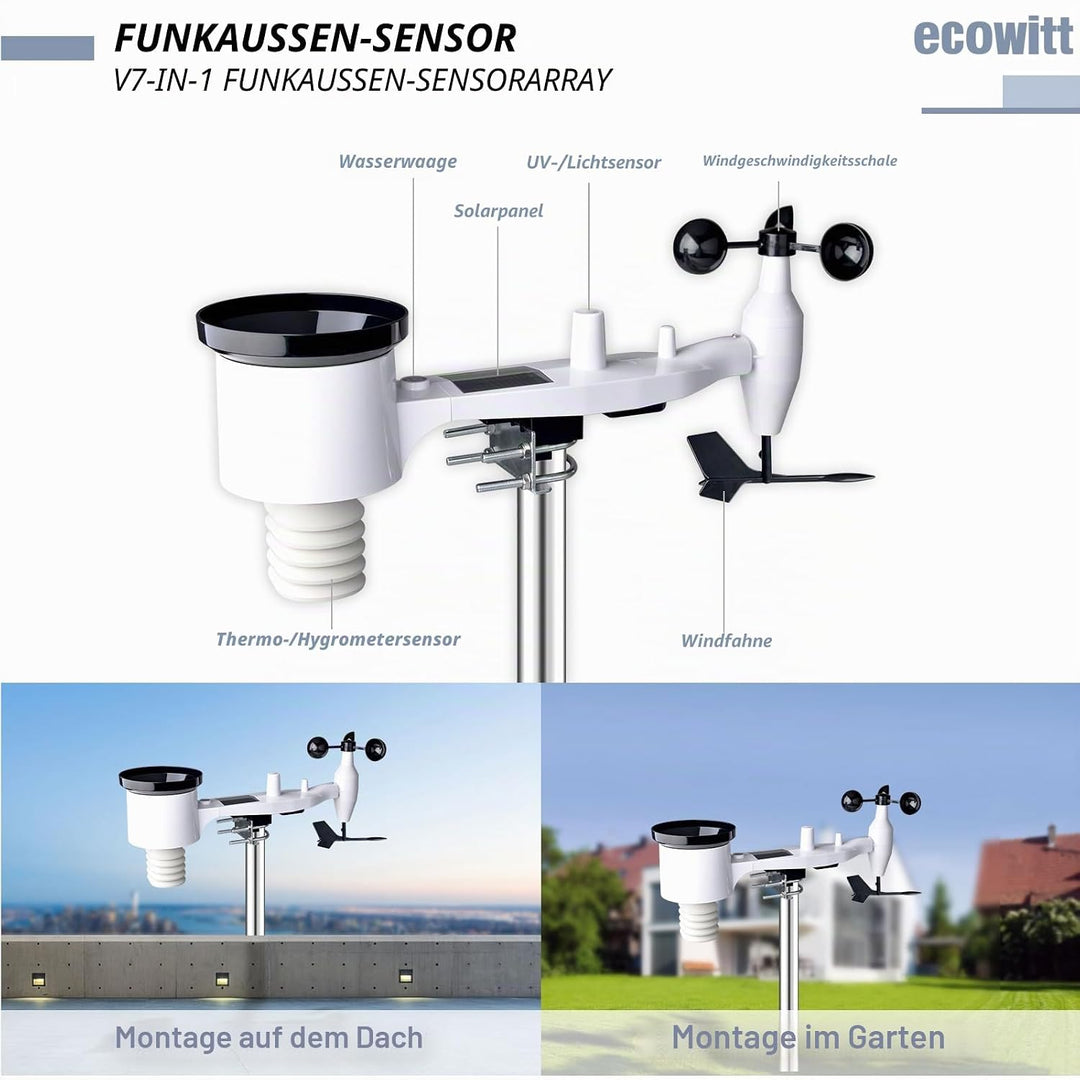 ECOWITT Wlan Wetterstation funk mit Aussensensor HP2561, 7 in 1 WiFI Solarbetriebene Wetterstation m