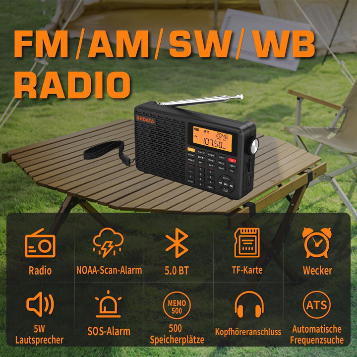 XHDATA D109WB Klein Tragbares Retro Radio FM/AM/LW TF/Bluetooth MP3-Player SOS-Alarm Küchenradio Out