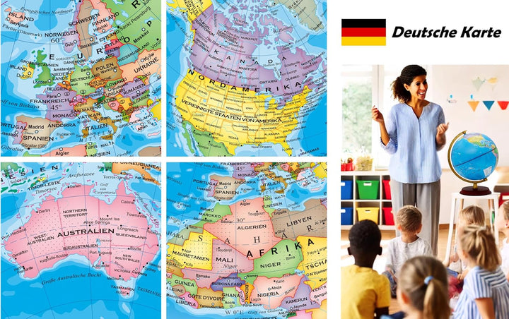 EXERZ 20cm Leuchtglobus Holzsockel - Karte auf Deutsch - Schülerglobus - Politische Karte (Tageszeit