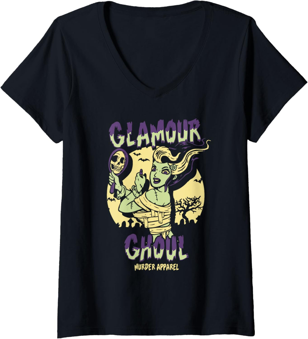 Damen Glamour Ghoul Weinlese-Halloween-Monster T-Shirt mit V-Ausschnitt