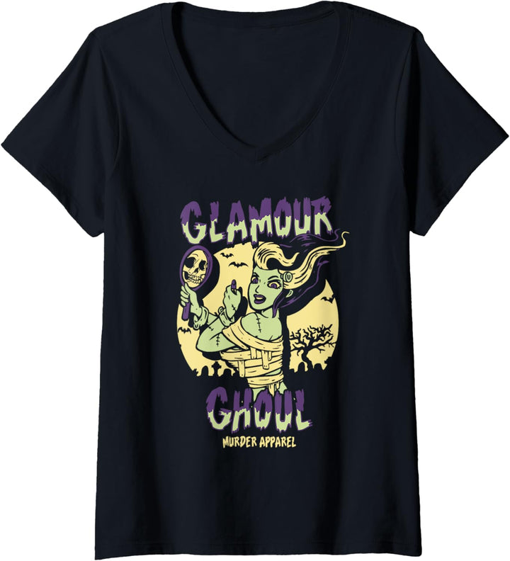 Damen Glamour Ghoul Weinlese-Halloween-Monster T-Shirt mit V-Ausschnitt