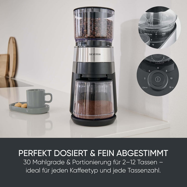 SEVERIN Kaffeemühle, Scheibenmahlwerk, einstellbare Mengendosierung, Mahlgrad in 30 Stufen einstellb