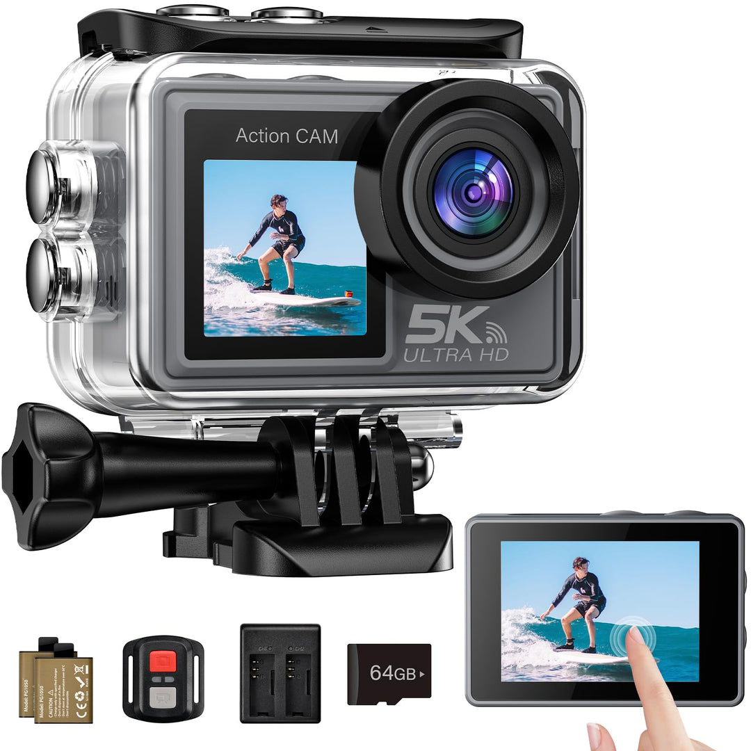 Action Cam 5K/4K 60FPS, 50MP Unterwasserkamera 30M wasserdichte Action Kamera mit 64GB SD Karte, EIS