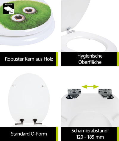 'aquaSu® WC-Sitz mit Absenkautomatik, lustiges Dekor Monster Bobby, Toilettensitz mit Holzkern, Fast