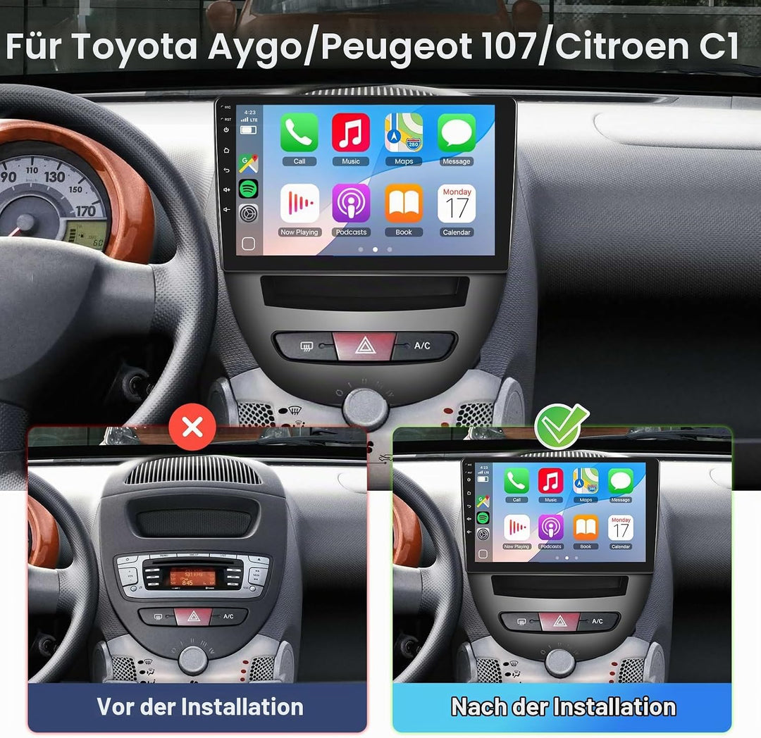 6G+128G Kabelloses Carplay-Autoradio für Peugeot 107/Citroen C1/Toyota Aygo mit 10,1 Zoll IPS-Touchs