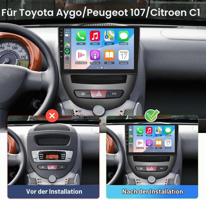 6G+128G Kabelloses Carplay-Autoradio für Peugeot 107/Citroen C1/Toyota Aygo mit 10,1 Zoll IPS-Touchs
