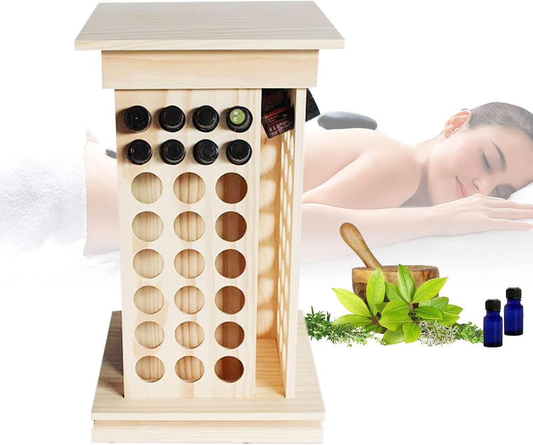 Drehbarer Ätherisches Öl Display Ständer, Aufbewahrungsbox aus Holz mit 104 Löcher 4 Seiten, Nagella