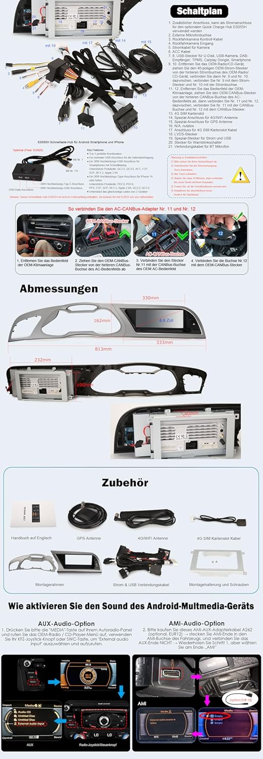 Erisin 8.8" Android 11 Autoradio GPS Navi für Audi A4 (2013-2016) Car Multimedia Unterstützt IPS Scr