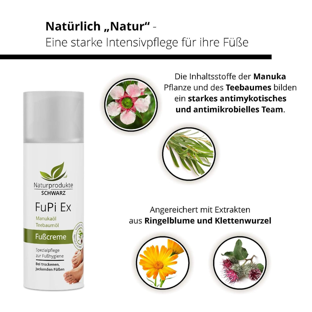 Naturprodukte Schwarz - FuPi Creme - Mit Teebaumöl und Manukaöl - Zur Fusshygiene - Hautpflege bei J