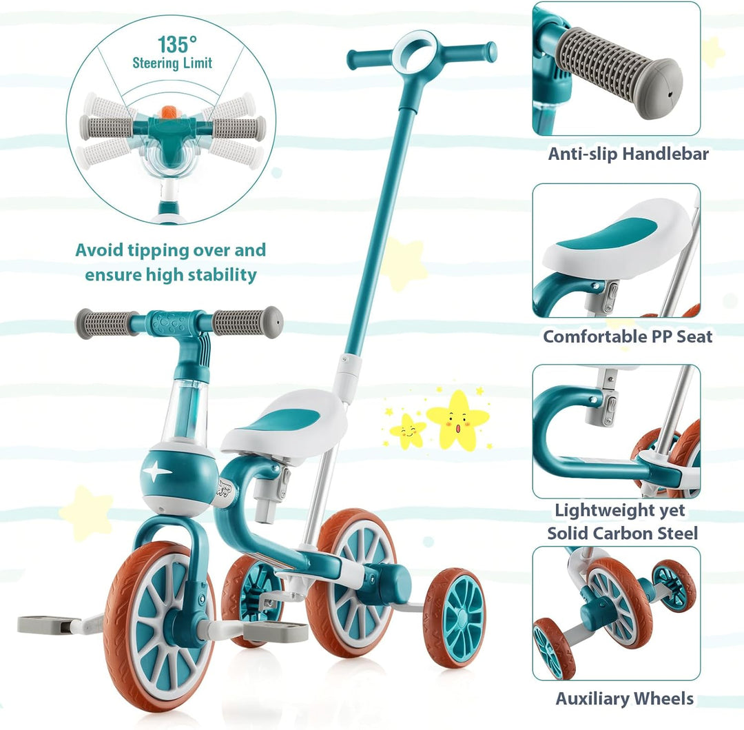 SOARS 4 in 1 Laufrad, Kinder Dreirad mit 4-stufig verstellbarem Schiebegriff, 2-stufigem Sattel, abn