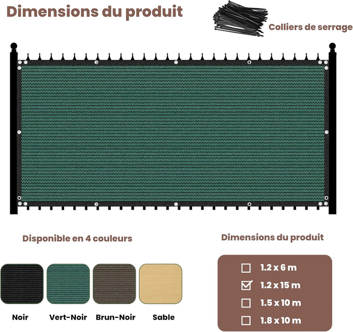 Zaunblende Sichtschutz Grün-Schwarz,1.2x15m, Sichtschutzzaun 90% HDPE-Schattennetz für den Aussenber
