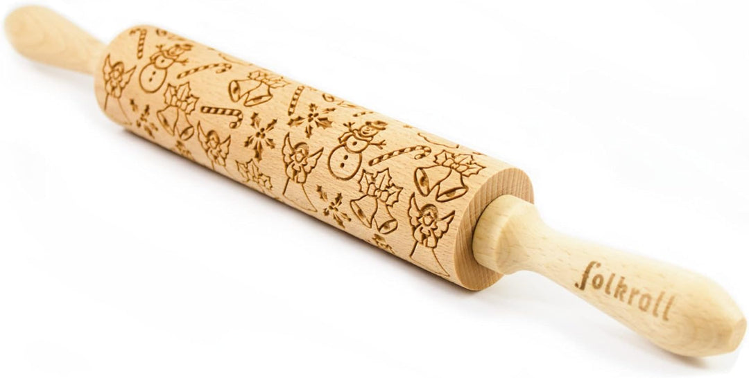 Folkroll 13268 Dekoratives Nudelholz mit 2 Griffen, mittelgross, Motiv Weihnachtsfreude - Glocken, Z