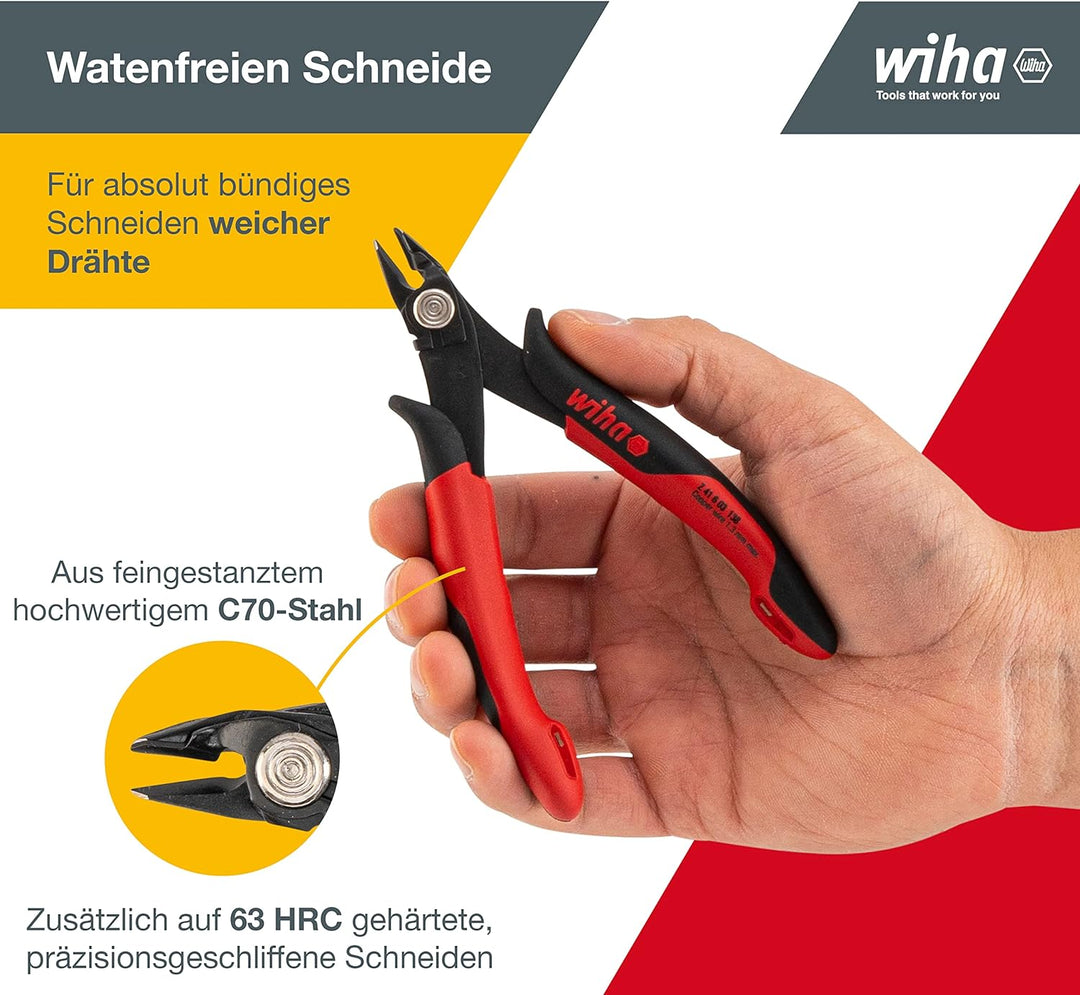 Wiha Präzisions Seitenschneider Elektronik klein (27395) breiter, spitzer Kopf ohne Wate 130mm I Dra