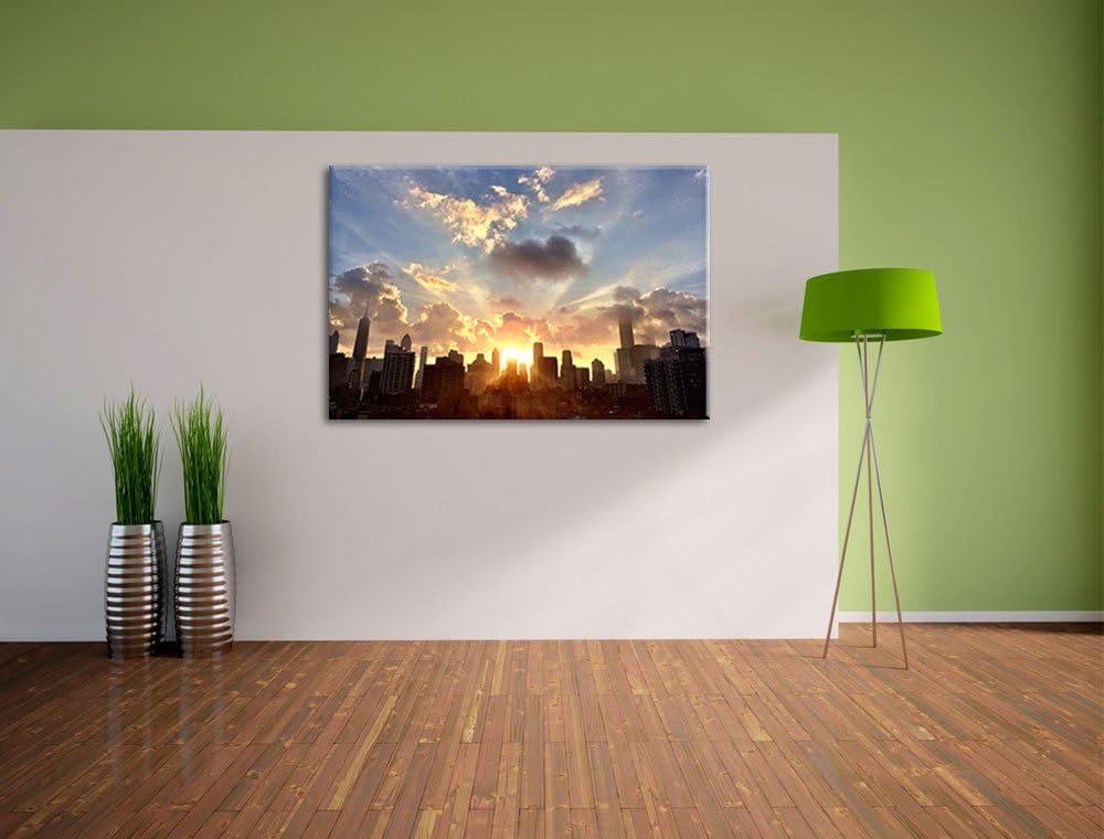 Chicago Skyline im Sonnenaufgang Format: 100x70 auf Leinwand, XXL riesige Bilder fertig gerahmt mit