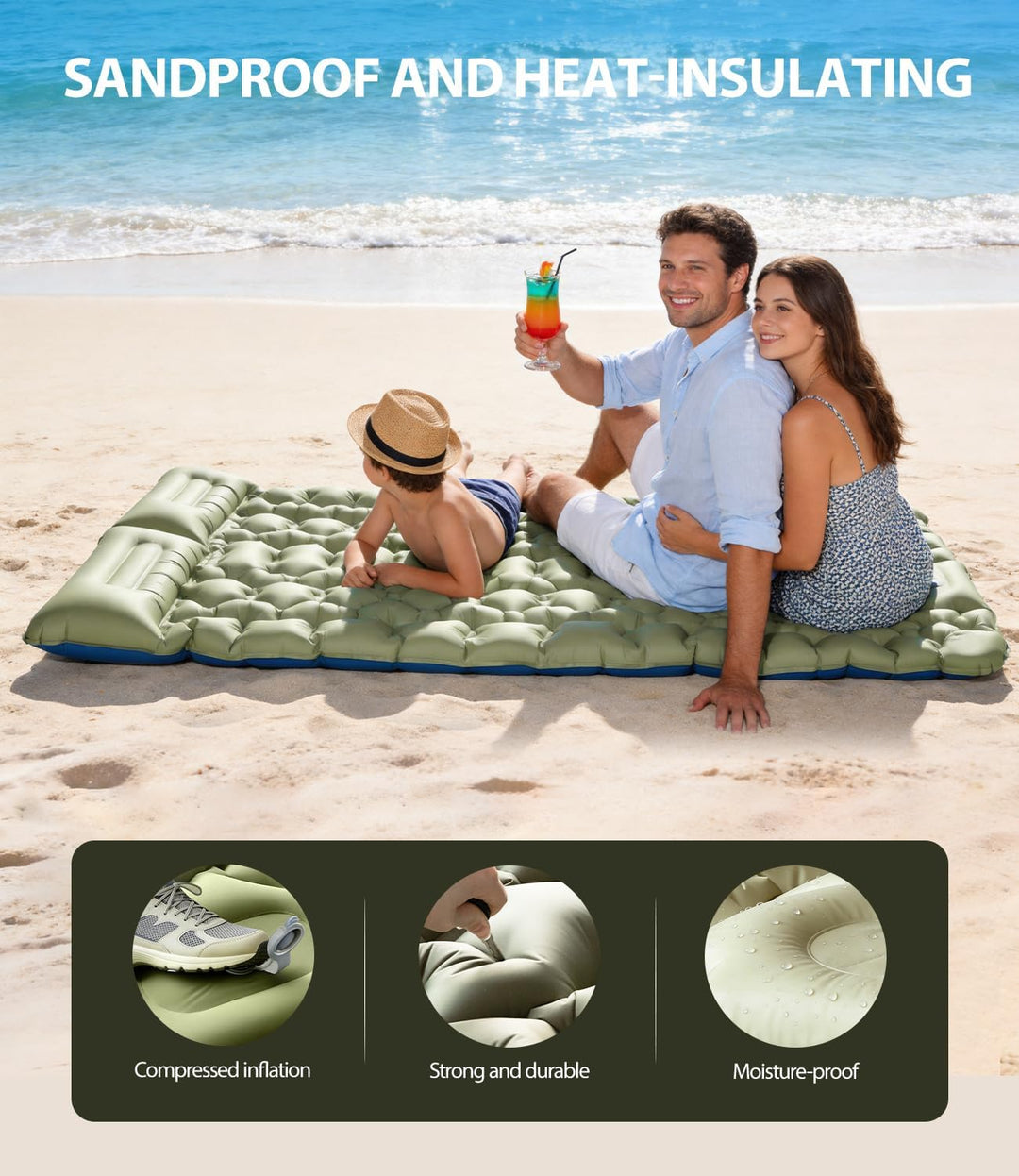 Doppel Isomatte für 2 Personen Outdoor Luftmatratze 195x134cm Breit,10cm Dicke Fussbetätigte Aufblas