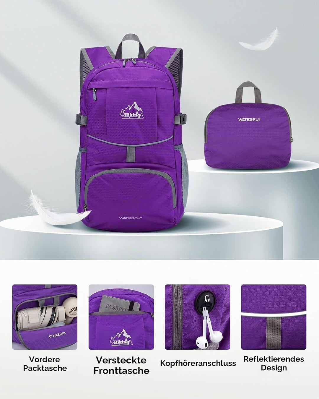 WATERFLY Faltbarer Rucksack Ultraleicht Wanderrucksack: 25L Leichter Tagesrucksack Sportlich Packabl