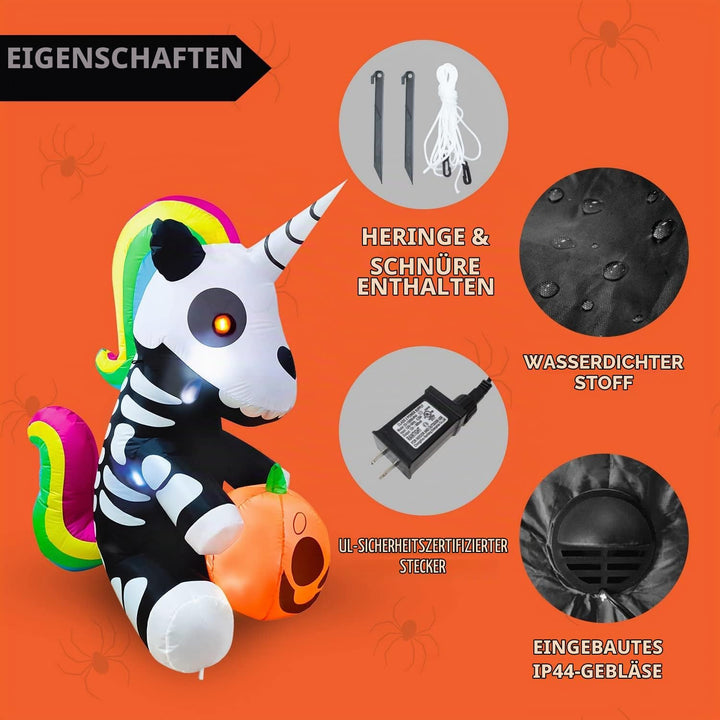 Joiedomi Aufblasbares Halloween-Skelett-Einhorn, 152 cm, aufblasbar, mit eingebauten LEDs, aufblasba