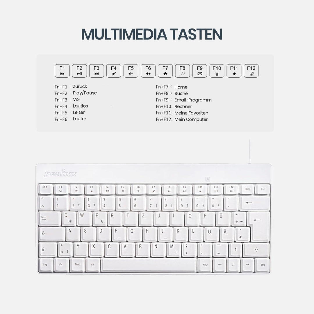 Perixx PERIDUO-212 Kompaktes Mini Tastatur und Maus Set, USB-Kabel, Deutsches Layout, Weiss