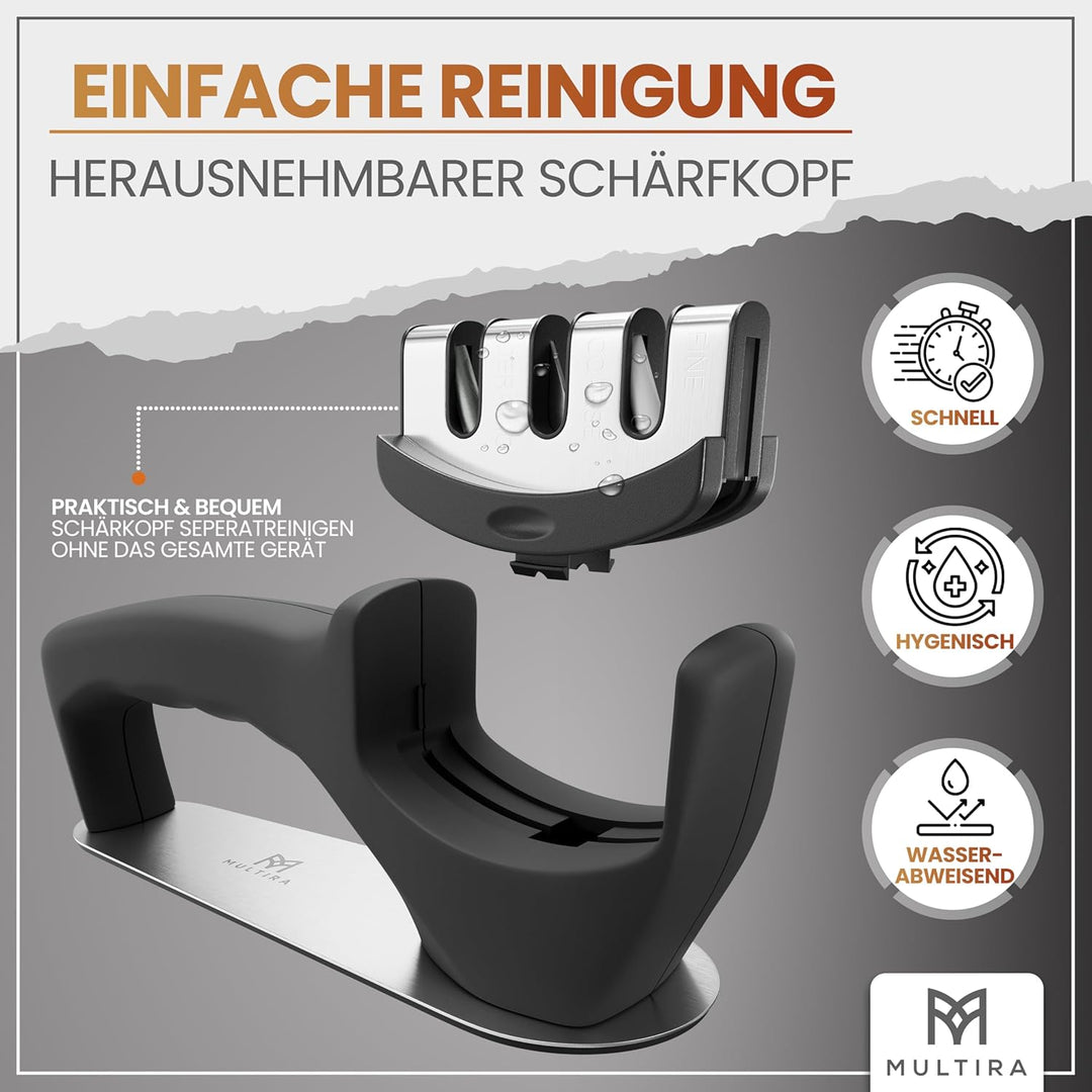 Messerschärfer | Messerschleifer 3-Stufen für Küchenmesser, Stahl- und Keramikklingen | rutschfeste