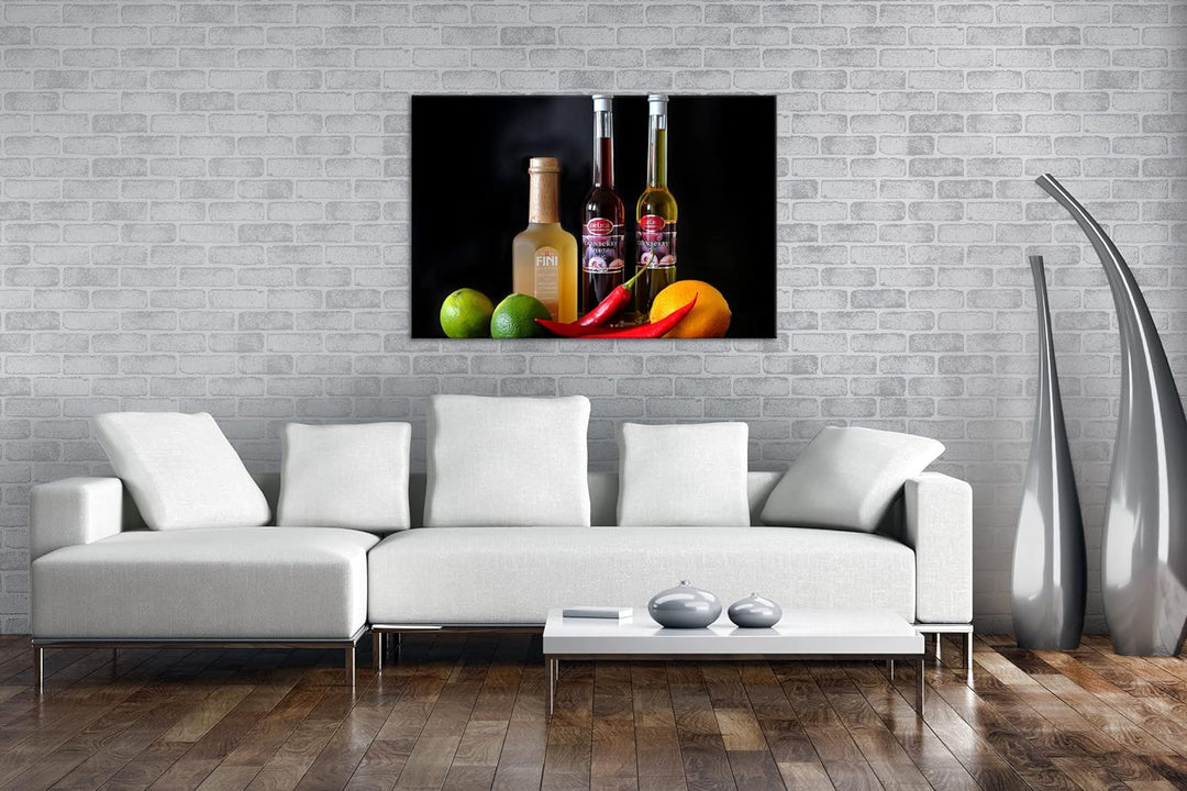 deyoli Dark bunte Lebensmittel mit Essig im Format: 80x60 als Leinwandbild, Motiv fertig gerahmt auf
