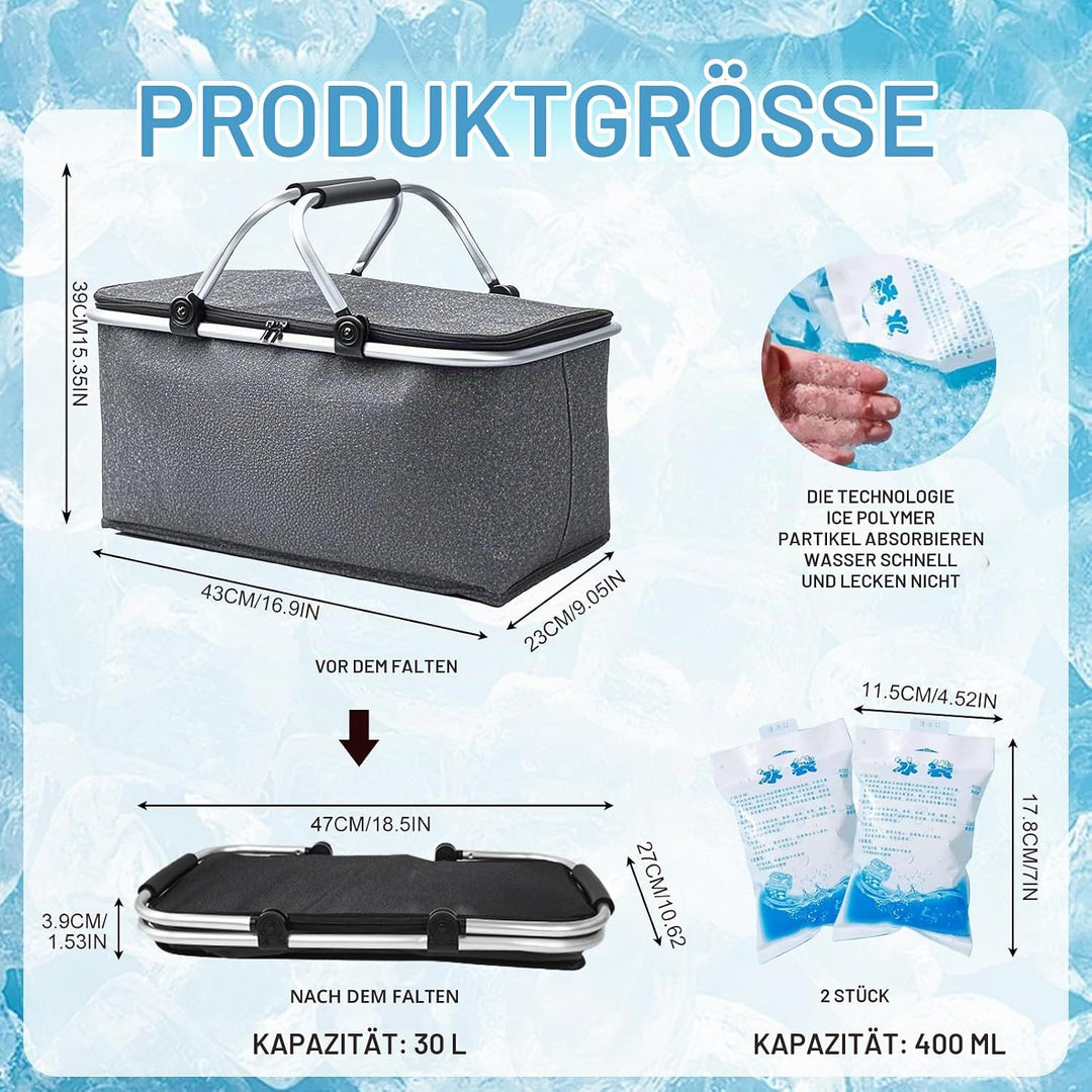 30L Faltbare Kühltasche mit 2 Eisakkus – Isolierte Thermotasche für Picknick, Camping, Einkaufen, Bü
