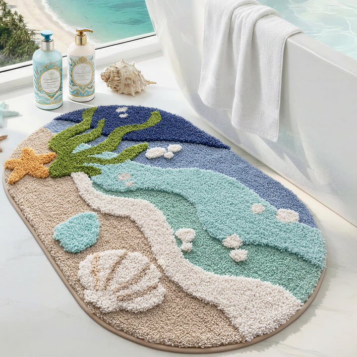 DEXI Ovale Badezimmerteppich 54 x 86 cm, Badematte rutschfest Absorbierende mit Seestern-Strand Must