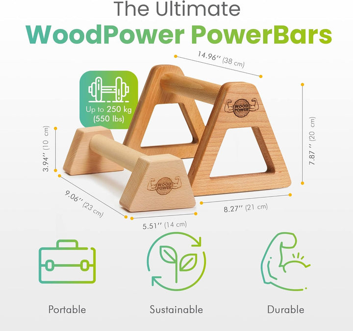 woodpower PowerBars Holz-Parallettes gelenkschonende Liegestützgriffe, Handstand-Barren & Minibarren