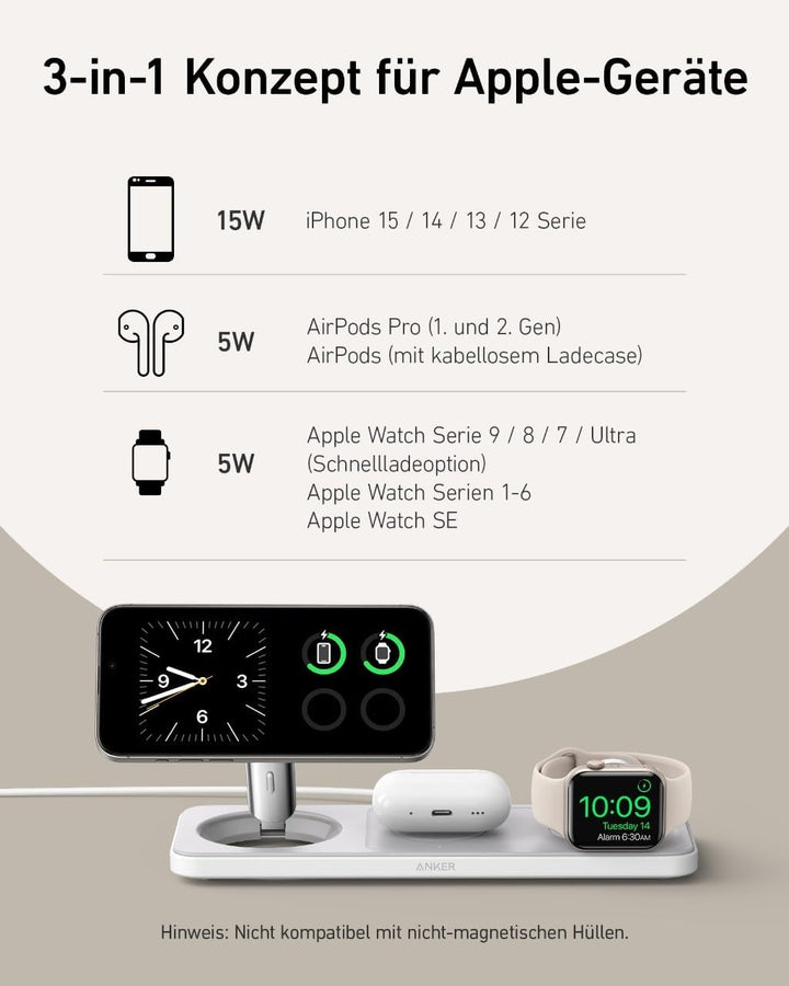 Anker MagGo Faltbare 3-in-1 Kabellose Ladestation, Qi2-zertifiziertes ultraschnelles 15W kabelloses