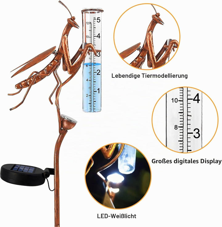 BORDEAG Solar Regenmesser für Garten mit Erdspiess und LED, Solarbetriebener Regenmesser, Dekorative
