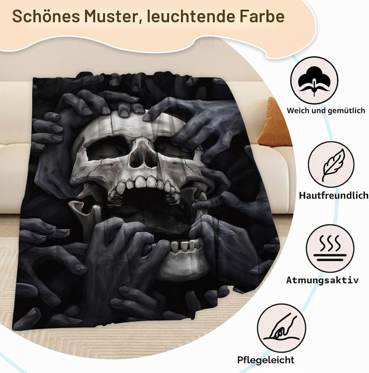 Halloween Decke Kuscheldecken Totenkopf Flanell Decke,3D Skull Motiv Flauschige Plüsch Decke,Wohndec