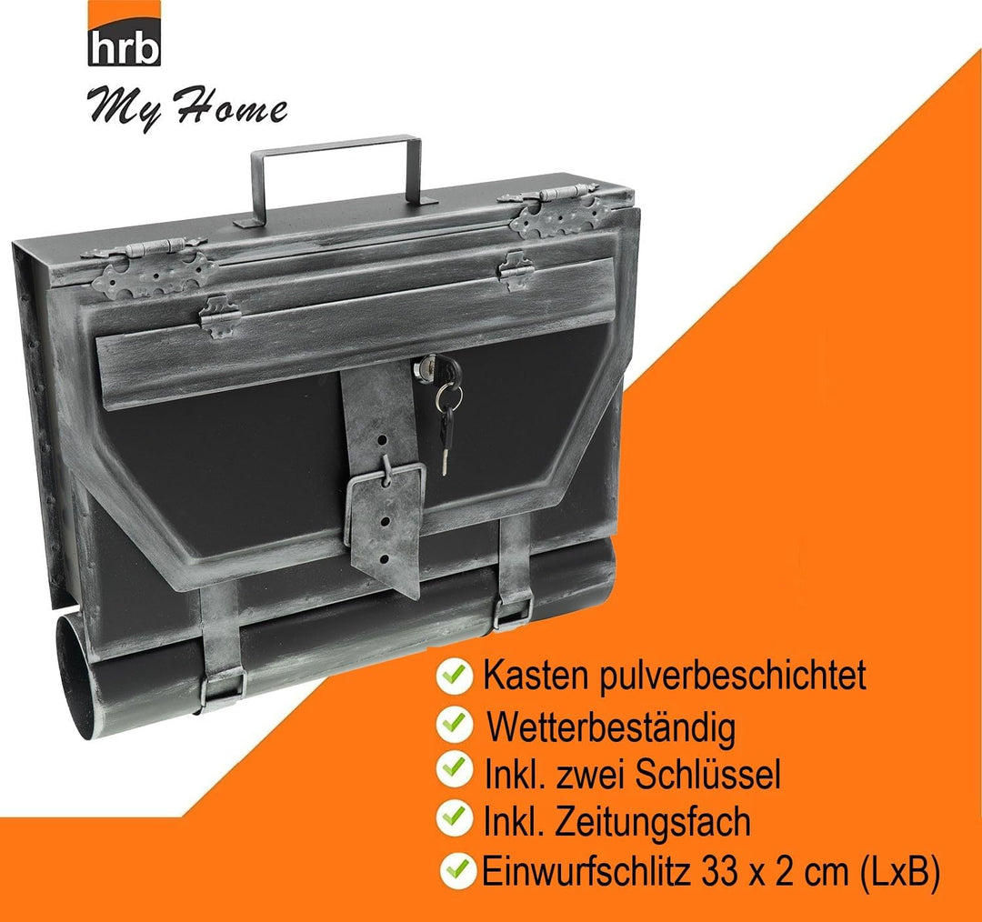 HRB Briefkasten nostalgisch, Postkasten wasserfest Zeitungsfach (Schwar-Silber Postkasten), Schwar-s