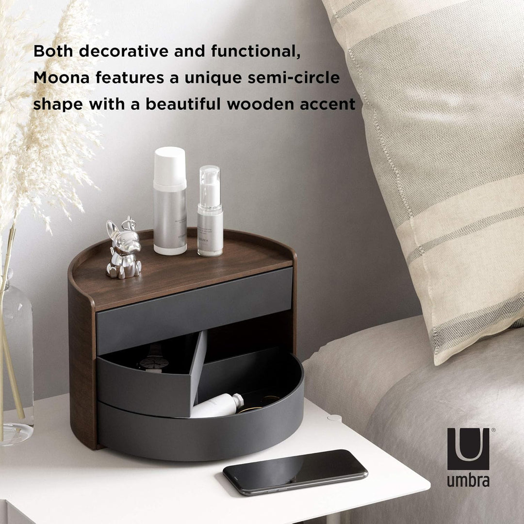 UMBRA Moona Schmuckaufbewahrung, Makeup Accessoire Organizer mit drehbaren Schubfächern, Schwarz/Wal