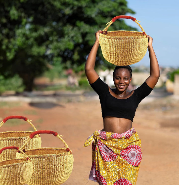 Ciffre ca. 40cm Bolga Rundkorb Korb Afrika Ghana Einkaufskorb Ledergriff Natur Naturfarbe