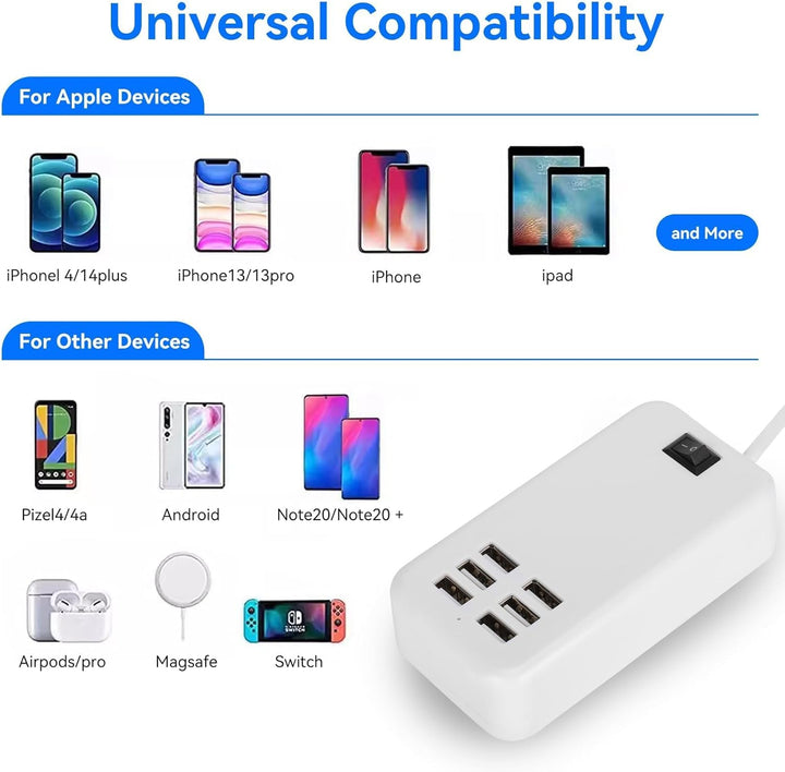 USB Ladestation, 30W 2A 100-240V USB Ladehub mit 6 Anschlüssen USB Ladeanschlüsse Überhitzungsschutz