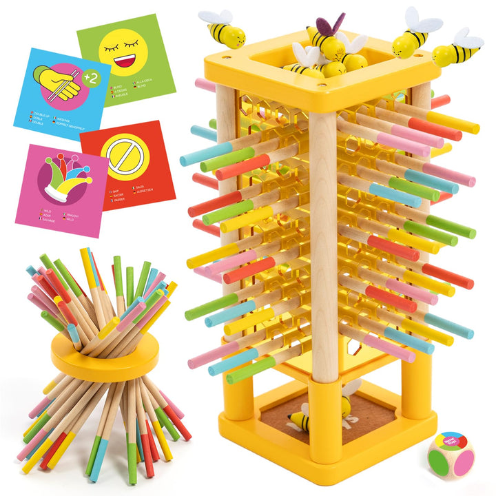 Nene Toys BEEFALL Bienen Geschicklichkeitsspiel für Kinder 3 4 5 6 Jahre – Holz-Turmspiel mit Würfel