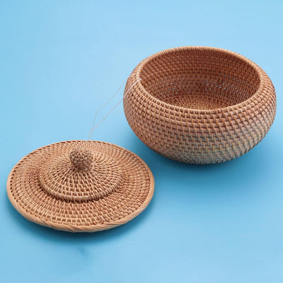 Runde Box aus Rattan, Obstkorb in Weiden mit Deckel für Brotkorb, Aufbewahrungskorb, geflochten, für