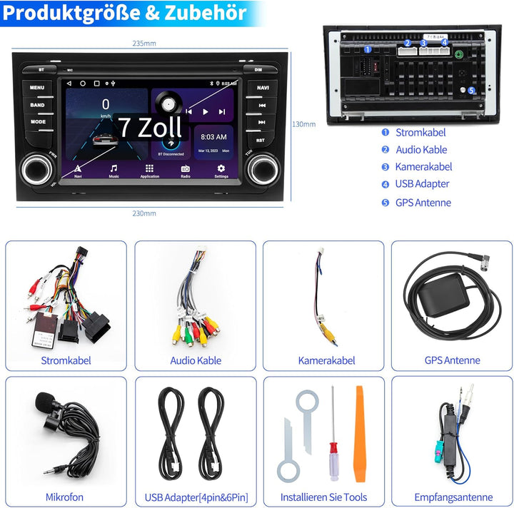 Autoradio für Audi A4 S4 B6 B7 RS4, Android 12 System 2G+64G, 7 Zoll IPS Touchscreen, Unterstützt GP