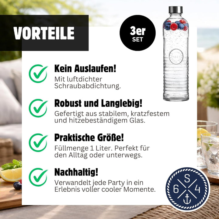 3er-Set Wasserflasche, Trinkflasche, Glasflasche für 1 Liter – gestreift | transparente Karaffe – Re