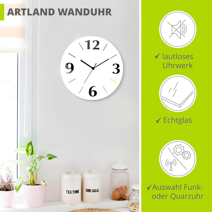 ARTLAND Wanddeko Wanduhr ohne Tickgeräusche aus Glas Quarzuhr Ø 30 cm Rund Lautlos Trendfarbe Weiss-